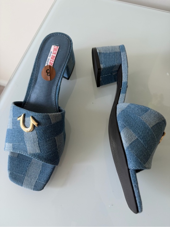 True Religion Shoes - True Religion denim Patchwork open toe slip on block Heels